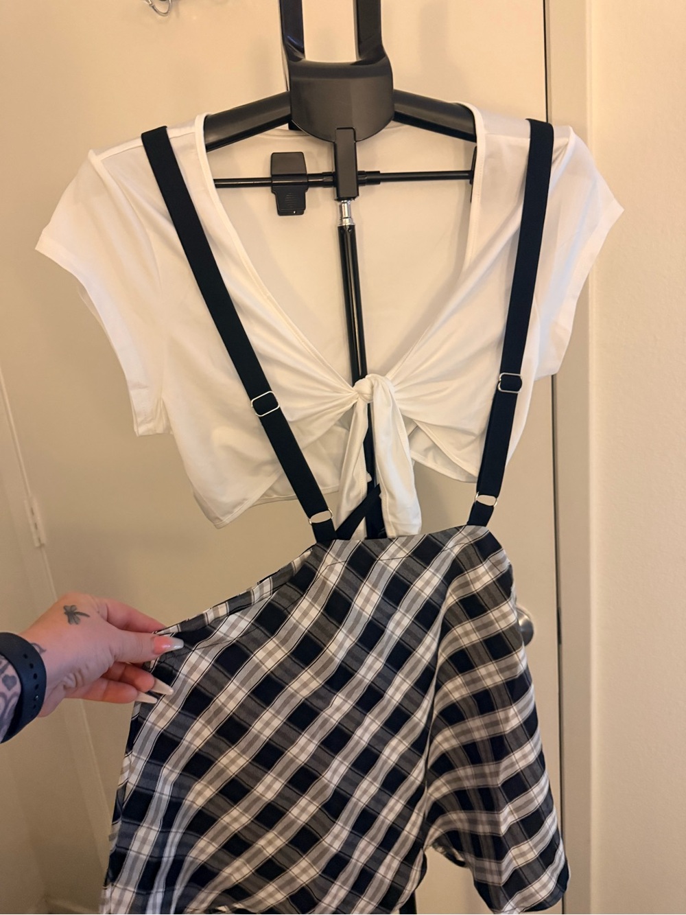 Woman’s Naughty School Girl crop top and skirt with Black Adjustable Suspenders